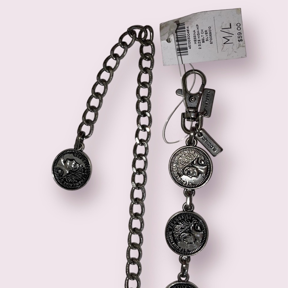 🆕 Chico’s silver-tone coin-inspired chain link adjustable belt NWT $59 size: M/L